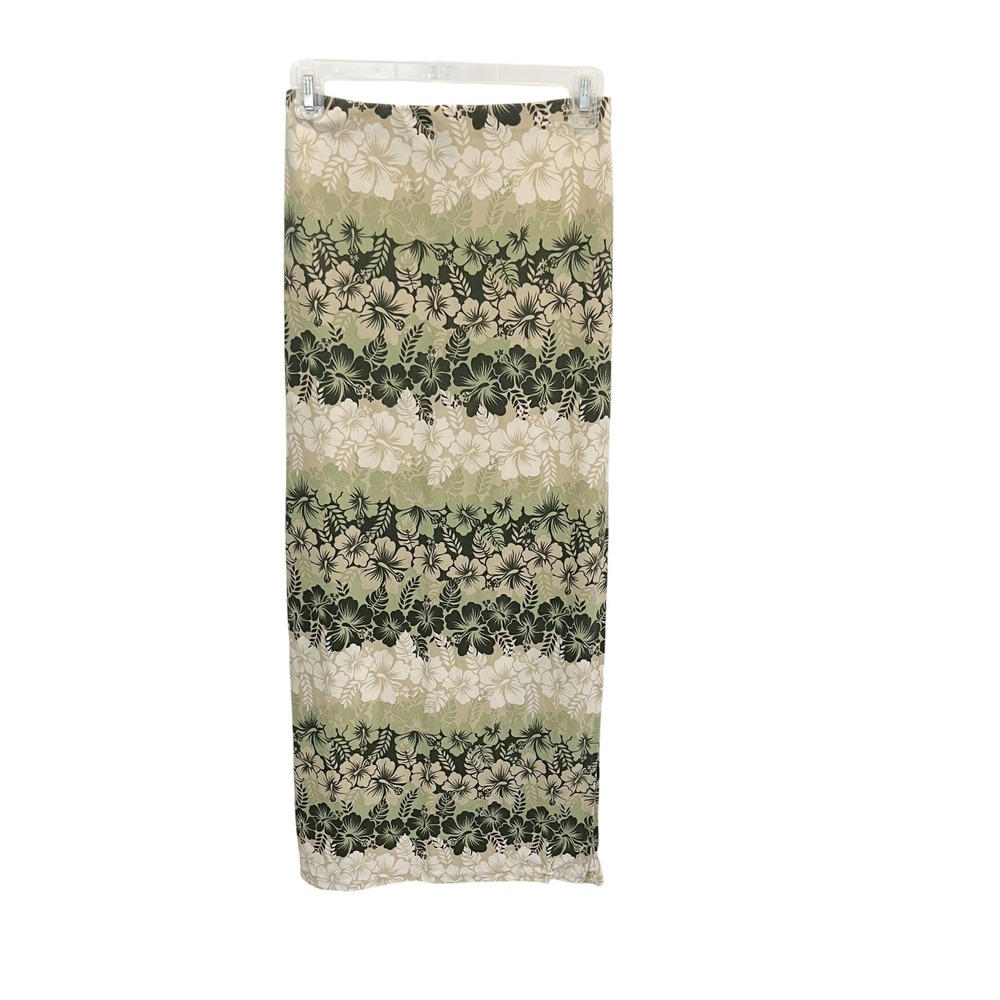 Y2K Girls Only Vintage Floral Maxi Skirt Green Tropical Hibiscus Side Slit SMALL